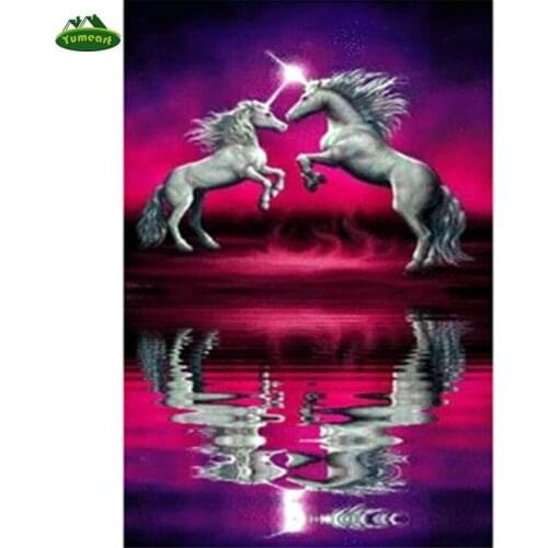 YUMEART DIY Diamond Mosaic Handmade Diamond Painting Cross Stitch Kits Diamond Embroidery Patterns Two horses purple lake