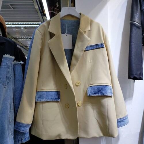 2021 Autumn Vintage Mid Long Suit Collar Patchwork Denim Jacket Coat Women Loose Casual Long Sleeve Splicing Jeans Jacket Female