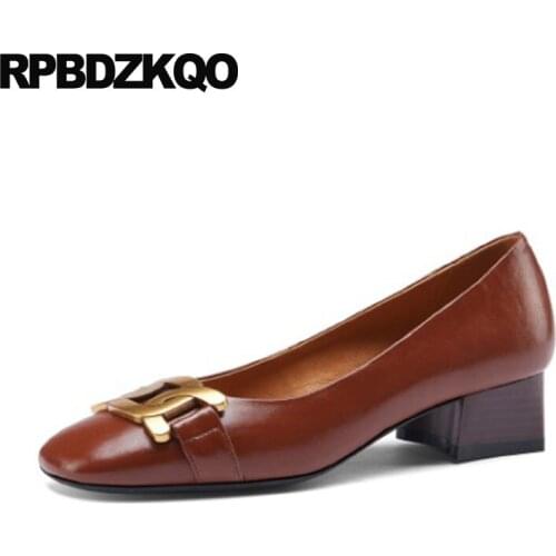 Beige Leather Pumps Low Heels Metal Thick Vintage Genuine European Plus Size 2021 Women 4 34 Square Toe 33 Brown Shoes Designer