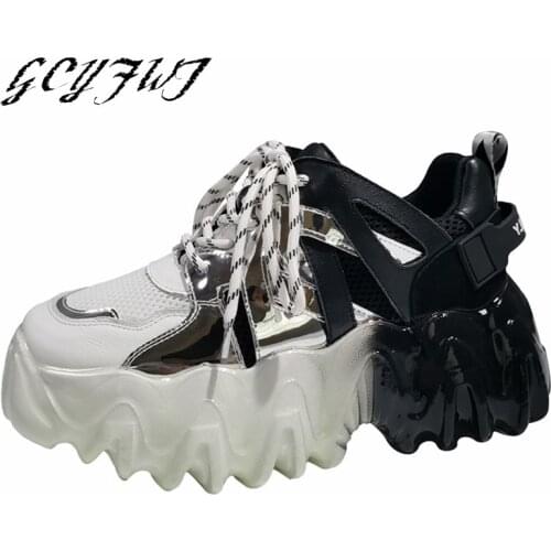 Women Sneakers Genuine Leather Mesh Stitching Crystal Jelly Flat Platform Girl Shoes Lace-Up Thick Bottom Cool Zapatos De Mujer