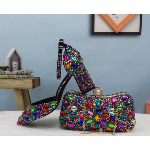 Women wedding shoes with matching bags Multicolored Crystal Thick High heels Ladies Party Dress shoes women Pumps super big size