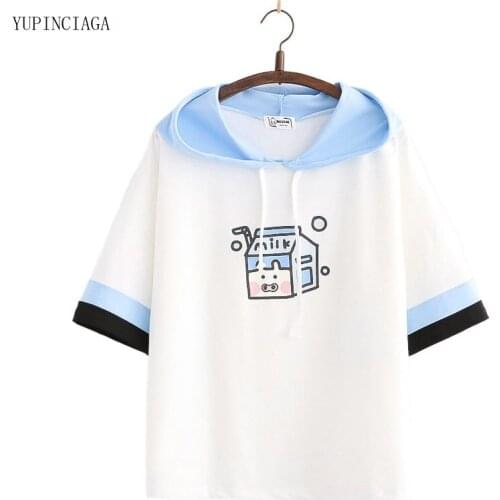 Summer Cotton Hooded Sweatshirts Women Short Sleeve Hoodies Harajuku Cartoon Print Patchwork Casual Pullover 2115839