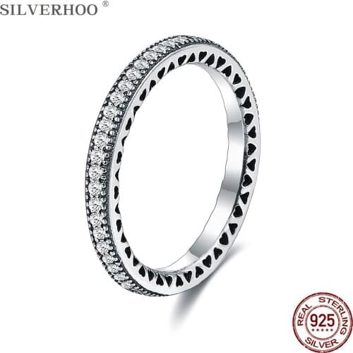 SILVERHOO Hearts Rings Women Authentic 925 Sterling Silver Clear CZ Stackable Vintage Luxury Engagement Ring Fine Jewelry Gift
