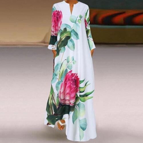 2021 New Autumn Lady Dress Chinese Style Vintage V Neck Floral Print 3/4 Sleeve Casual Dress Stage Show Casual Plus Size Dress