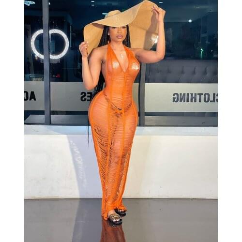 S-XL Mesh Dress Womens Long Sleeve Sexy See Through Bodycon Hollow Tassel Long Dress