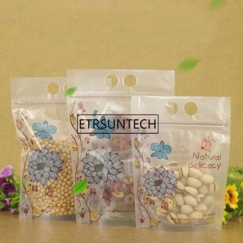 Print Lotus Food Packaging Bag Matte Clear Stand Up Seal Self Bag With Handle Snack Packing Pouches 1000pcs