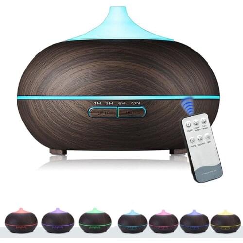 550ml Remote Control Ultrasonic Air Humidifier Aroma Essential Oil Diffuser with Wood Grain 7 Color Changing LED Lights