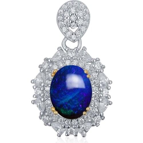 925 Sterling Silver 1.5ct Oval Natural Black Opal charm necklace/opal baguette necklace Engagement Wedding halo opal necklace