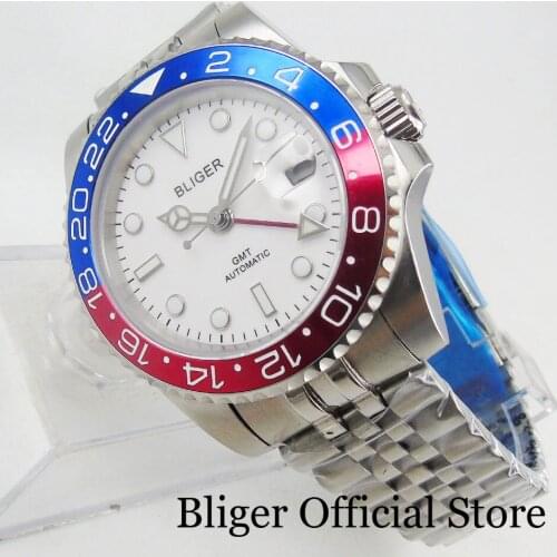 BLIGER New Self Winding 40mm Men Wristwatch GMT Function Date Window Red Blue Alloy Bezel Mental Strap Sapphire Glass
