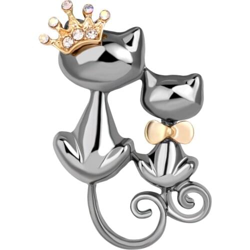 Mother Daughter Cats Brooches Crystal Crown Queen Corsages Hijab Pin Women Hats Scarf Suit Brooch Clothes Buckles