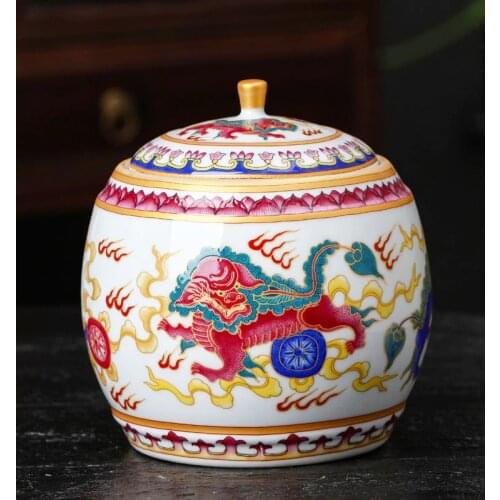 Jingdezhen Antique Jar Enamel Tea Pot Enamel Lion Pattern Ceramic Tea Caddy Jar Pot Storage Pot