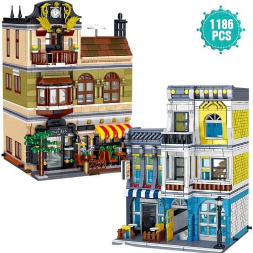Creator Europe Style Street View Building Block Shop Store Restaurant Architecture Bricks Toys Birthday Gift For Adult