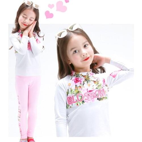 2-10 Y Girls Two Pieces Swimwear White and Pink Flowers Kids Long Sleeve Surfing Suit Sandy Children Water Sport Wear Rash Guard
