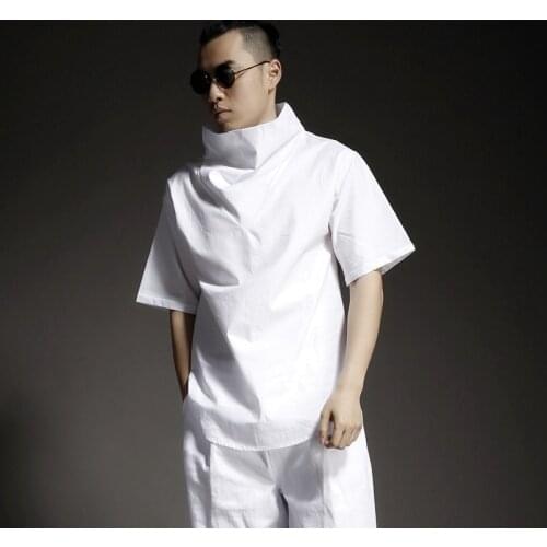 Summer Japanese retro menswear new personality trendy mens loose and simple high collar five-point sleeve short-sleeved T-shirt