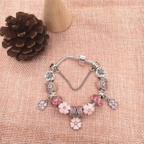 New Exquisite Bracelets Charms Crystal Rhinestones Pink Flower Loveheart Beads Fits Original Bracelets Alloy Bracelet