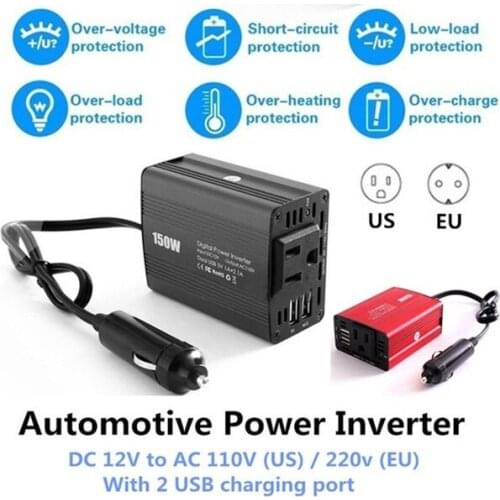 New 150W Car Plug Power Inverter DC 12V To AC 110V (US) / 220v (EU) Converter with 2 USB Port Portable Charger