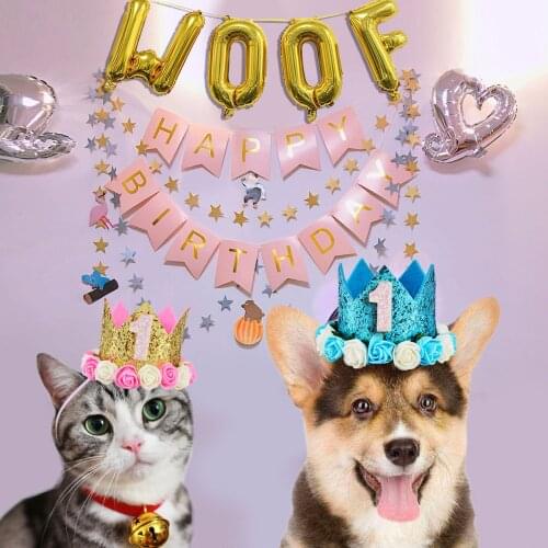 For Pet Dog Puppy Kitten Party Banner Happy Birthday Letter Banner Woof Balloons Dog Hat Set Manual Air Pump Pet Supplies