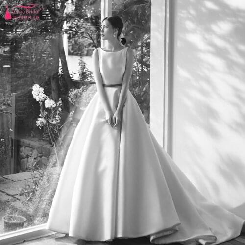 Simple Satin Wedding Dresses Elegant A Line Bridal Gowns Korea Fashion Lovely Vestido De Noivas With Gold Belt ZW371