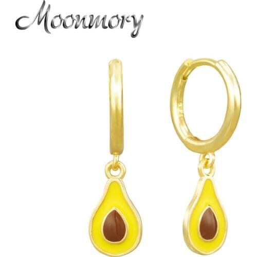Moonmory Authentic 925 Sterling Silver Enamel Avocado Hoop Earrings For Women Summer Fruit Collection European Fashion Jewelry