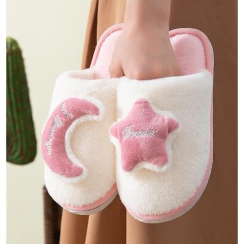 Ginchasio Women Slippers Velvet Winter Short Plush Green Color Star Fuzzy Cozy Home Furry Slippers Men Home Slippers