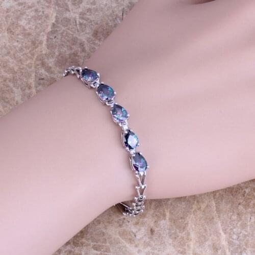 Fascinating Rainbow Cubic Zirconia Silver Plated Link Chain Bracelet 7 inch S0383