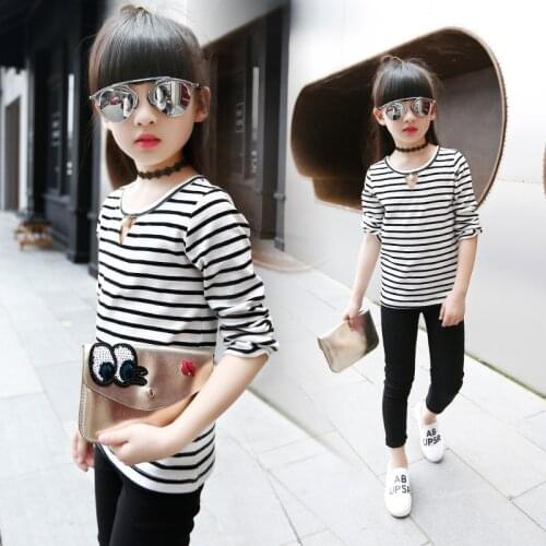 Female child long-sleeve top shirt 2020 stripe beading girls fashion t-shirt