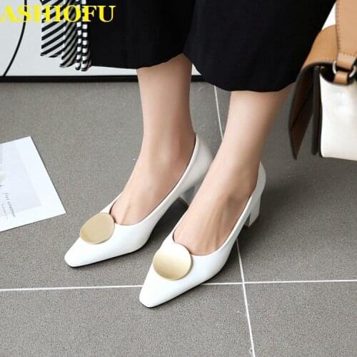 ASHIOFU Handmade 2020 New Womens 7cm High Heels Pumps Faux-leather Party Prom Dress Shoes Slip-on Daily Wear Fashion Pump Shoes