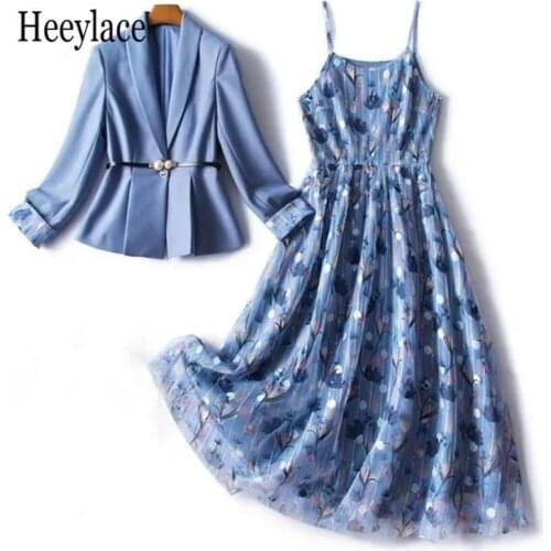 Plus Size Office Ladies Elegant Dress Suits Women Blazer With Belt + Print Mesh Spaghetti Strap Dress 2 Piece Set Autumn Outfits