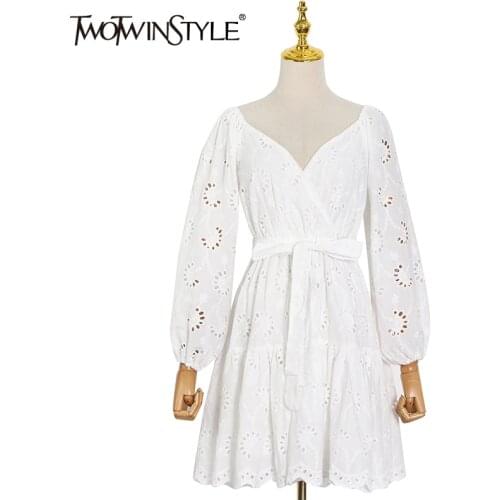 TWOTWINSTYLE Pink Hollow Out Dress Female V Neck Long Sleeve High Waist Mini Lace Up Dresses For Women Fashion New Clothing 2021