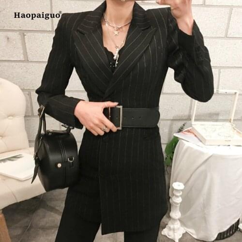 Plus Size Autumn Winter Women Coats Black Long Sleeve Notched Striped Elegant Suit Office Lady Long Coat Ladies Outwear Coats