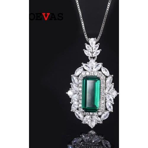 OEVAS 100% 925 Sterling Silver 8*16mm Synthetic Emerald High Carbon Diamond Pendant Necklace For Women Sparkling Fine Jewerly