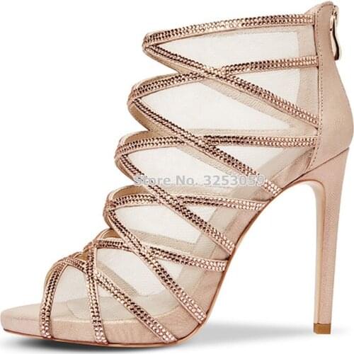 ALMUDENA Champagne Gold Bling Bling Crytal Gladiator Sandals Stiletto Heel Cross Strappy Wedding Shoes See Through Mesh Pumps