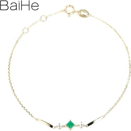 BAIHE Solid 18K Yellow Gold 0.13ct Princess Natural Emerald 0.07ct Diamond Fine Jewelry Engagement Beautiful Emerald bracelet
