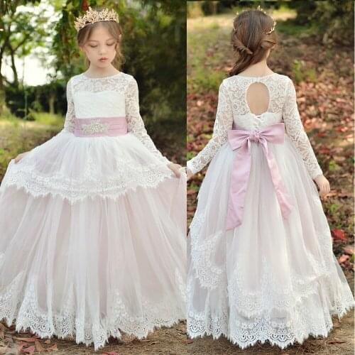 Kids Princess Gown Black Lace 3/4 Sleeve Hi-Lo Princess Gown Flower Girl Dresses Lace Wedding Party Birthday Formal Occasion