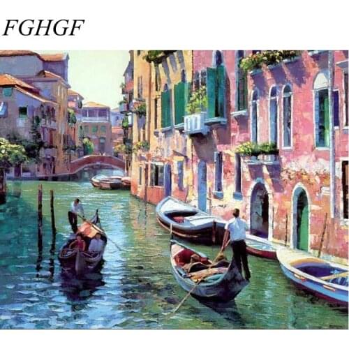 FGHGF Frameless Lakeside Villa Building Landscape DIY Painting By Numbers Kits Coloring Painting By Numbers With Wood