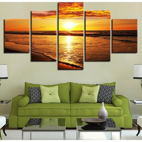 Canvas Painting Modular Pictures Wall Art Framework 5 Pieces Sunset Beach Waves Seascape Poster HD Prints Home Decor Living Room