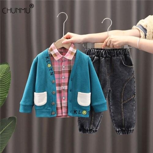 Baby Clothing Sets Childrens Winter Suit Casual Boys Tracksuits Kids Sport Suits Sweater Cardigan Plaid Shirt Jeans 3 Piece Set