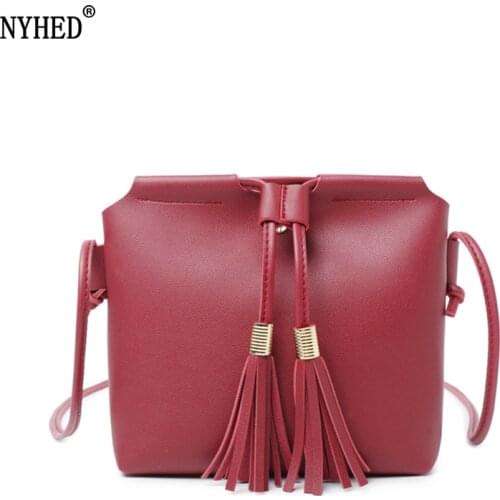 NYHED Small Women Tassel Bucket Shoulder Bag Soft Pu Handbags Girls Tassel Messenger Bags