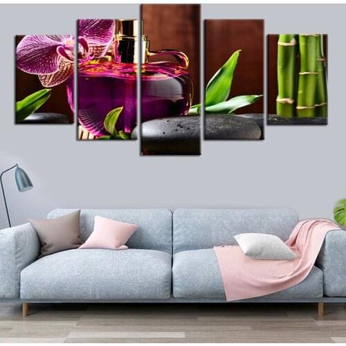 High Definition Printed 5 Pieces :Black Zen Stone,Spring Water,Red Flower, Bamboo,Poster Canvas Art Draw Hall Bedroom Decoratio
