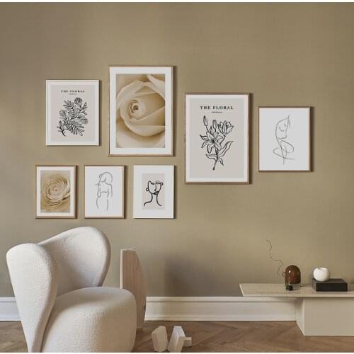 Simple Nordic abstract black and white lines beauty plants and flowers art poster living room decoration painting canvas