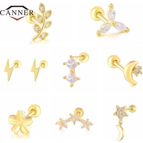 1PC Leaf/Flower/Moon 925 Sterling Silver Cartilage Ear Stud Crystal Zircon Earrings for Women Small Studs Piercing Jewelry