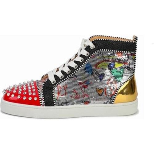 SHOOEGLE Fashion Design Graffiti Sequins Mens High-Top Lace-up Casual Shoes Spikes Patent Leather Round Toe Men Shoes