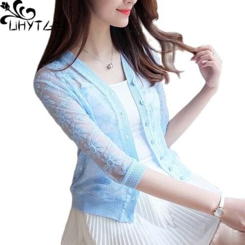 UHYTGF Knitted Shawl Thin Sun Protection Clothing Cardigan Womens Summer Coat Female Fashion Hollow Lace Slim Short Jacket 1483