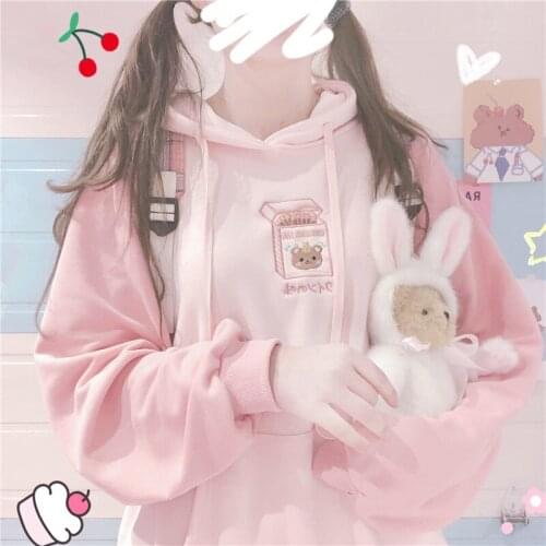 Japanese Soft Sister Cute Girls Macaron color Splice Hooded Hoodie Sweatshirt Small fresh Harajuku Cartoon Embroidery pullover