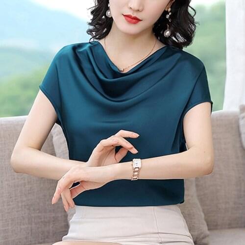 M-3XL Elegant Summer blouse Pile Collar OL Top Short Sleeve Silk shirt Pure Color Plus size Women clothes blusa feminina