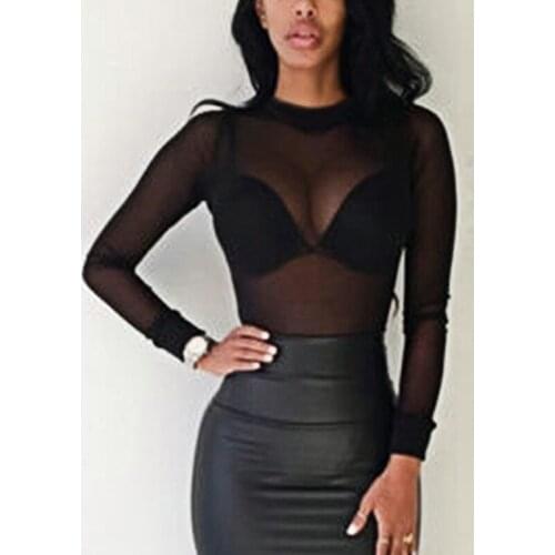 Women Tshirt Sexy Tops Transparent See Through Mesh Tops Slim Long Sleeve Ladies Turtleneck Blouse T-Shirt
