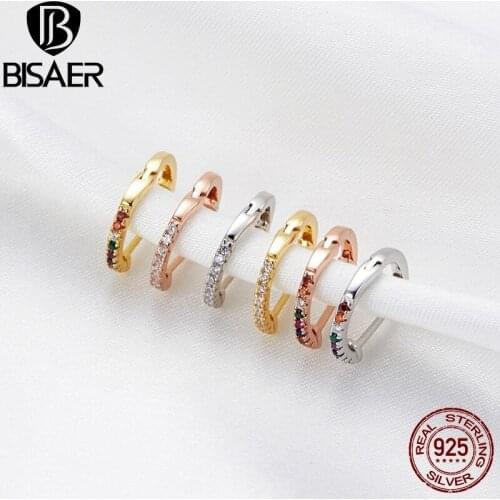 BISAER Circle Earrings 925 Sterling Silver Simple CZ Women Stud Earrings Female Classic Silver Earrings Jewelry ECE498