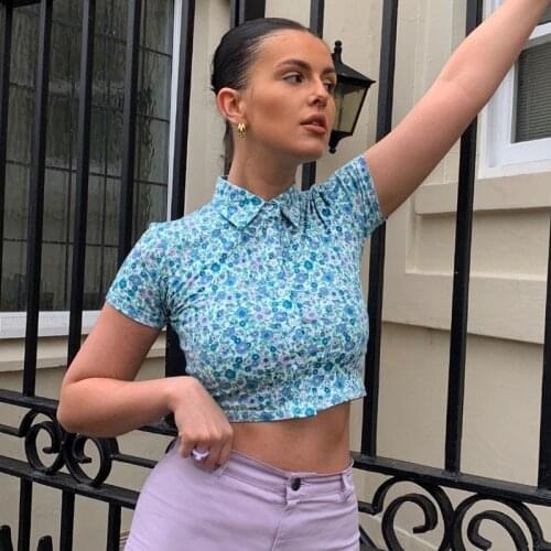 SEASONS Summer Floral Print Vintage Crop Top Women Flower Short Sleeve T Shirt Ladies Turn Down Collar Button Tshirt ASTS83396