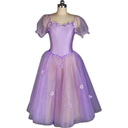 Short Puff Sleeve Long Ballet Dance Tutu Ourple Spandex Bodice Leotard Dress for Gilrs and Women Ballerina Costumes 20531