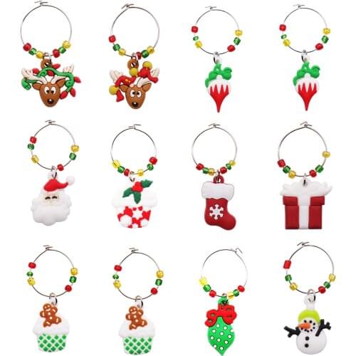 12pcs /set Christmas New Year Cup Ring Table Decorations Gift Box Wine Glass Charms Xmas Pendants Metal Ring Decor